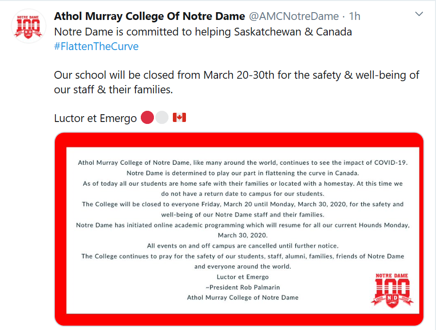 Notre Dame has closed it's campus to staff and students.