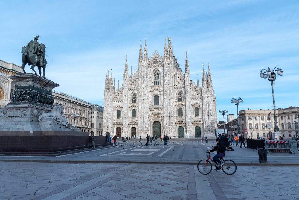Piazza del Duomo, which is usually impossible to walk through because of the crowds, is shown empty in Milan, Italy on March 10, 2020.