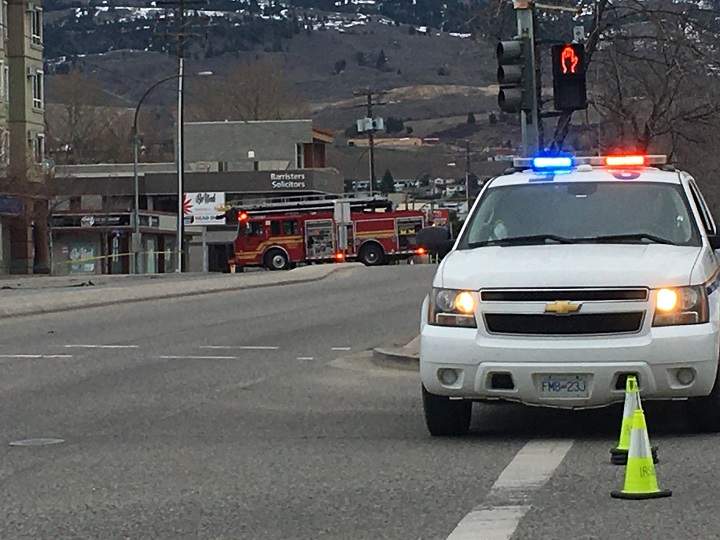 A police vehicle blocks traffic during Saturday’s incident along Highway 33.