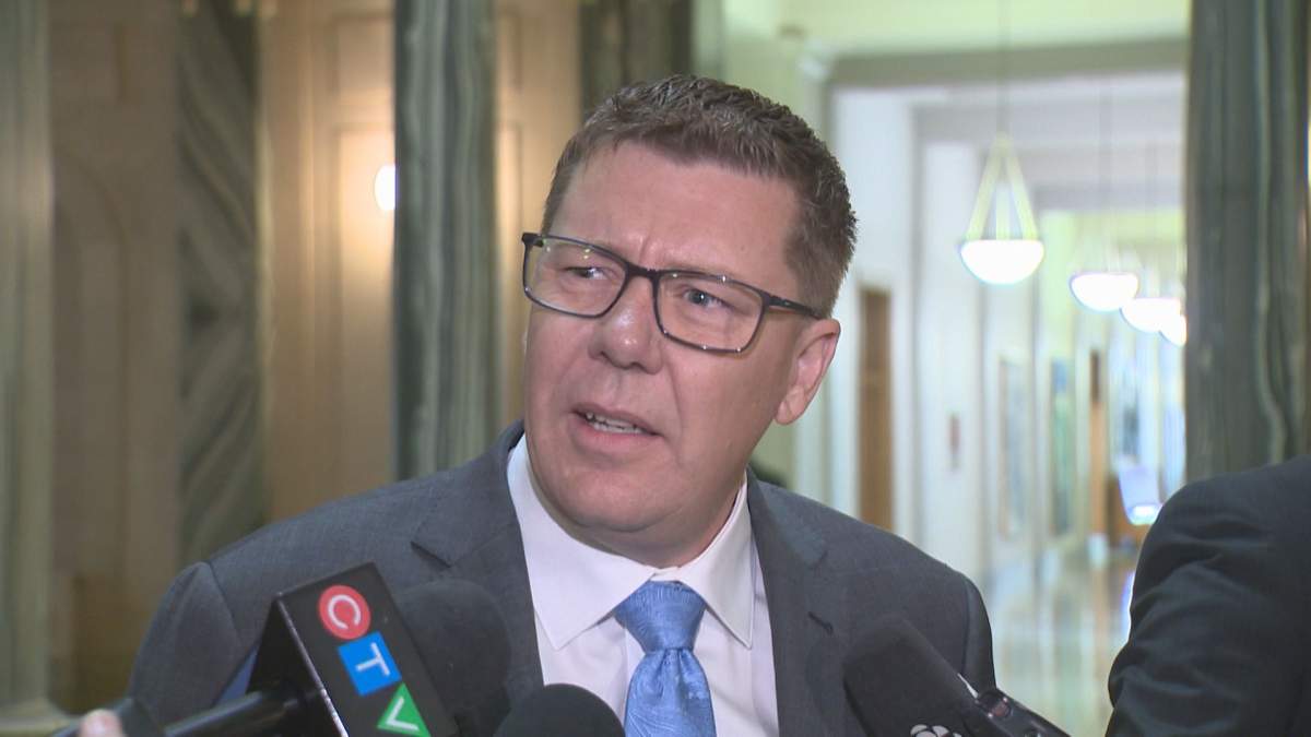 Premier Scott Moe fields questions from reporters on March 5 regarding a snap election.