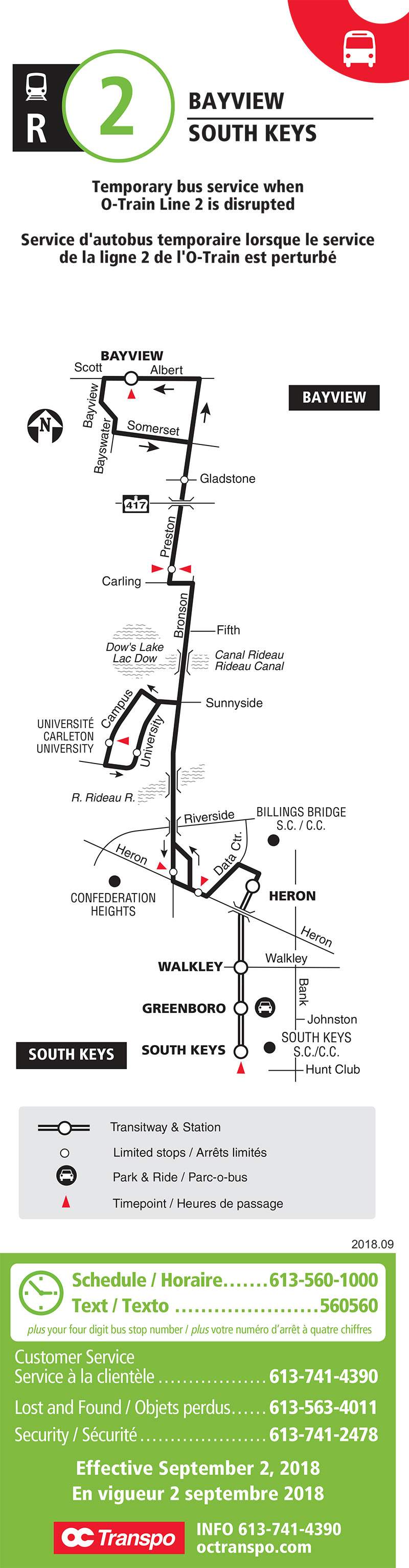 A map of the R2 bus service that will replace Trillium Line train service for two years, starting in May 2020.