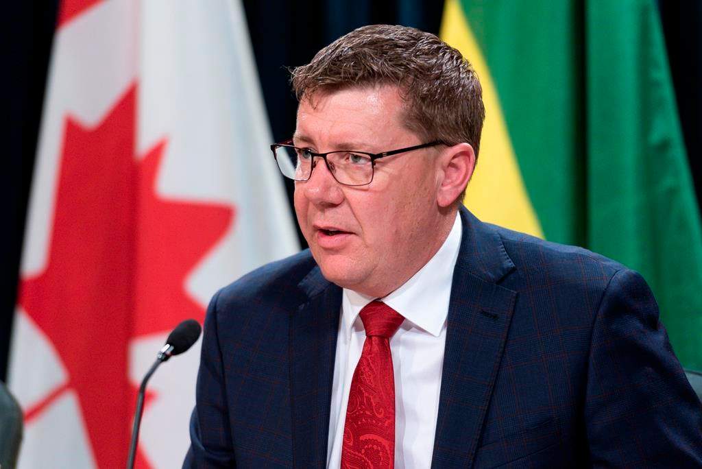 Scott Moe, premier of Saskatchewan, speaks at a COVID-19 news update at the Legislative Building in Regina on Wednesday March 18, 2020.