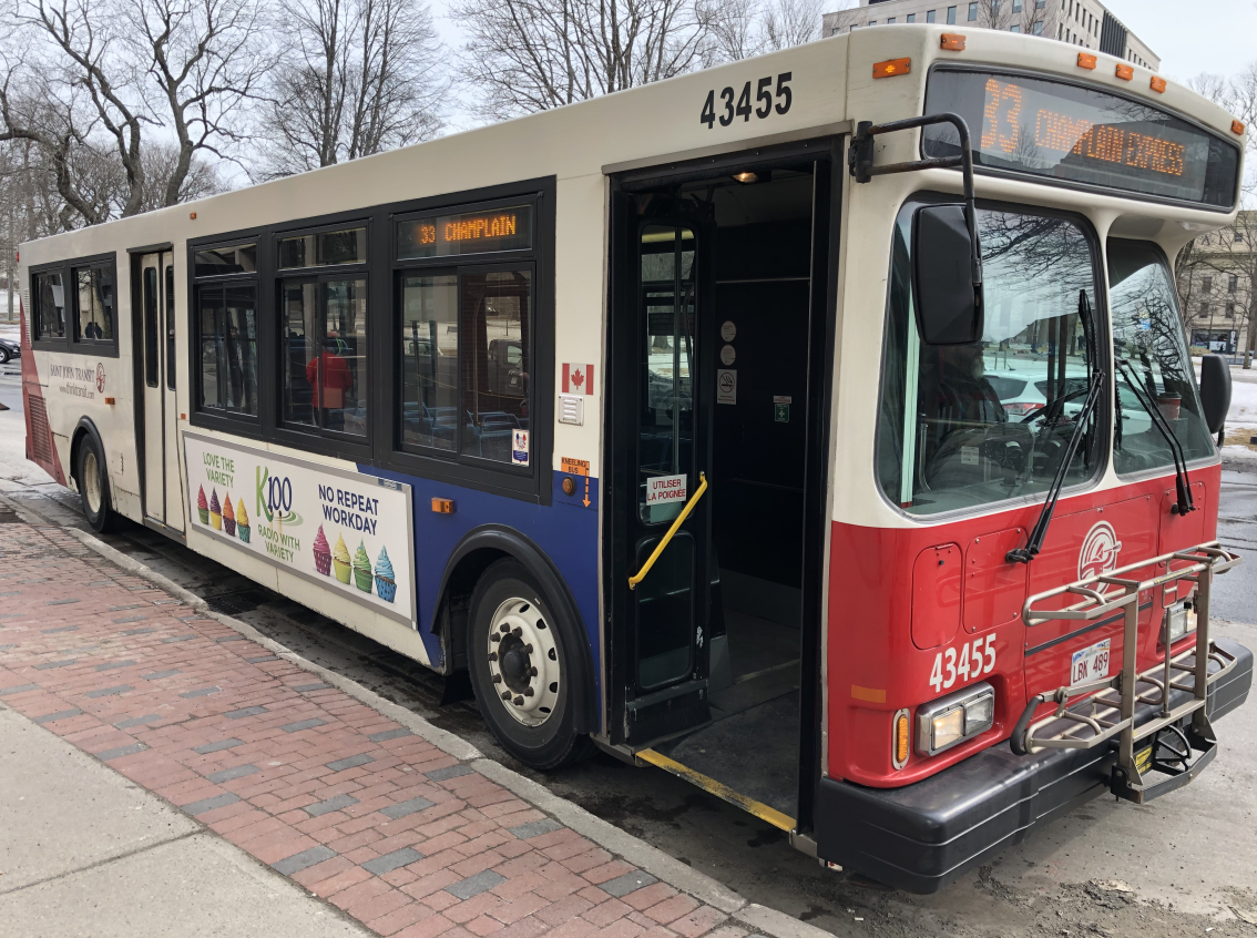 A bus sits outside Kings Square in Saint John on Tuesday, March 10, 2020. 