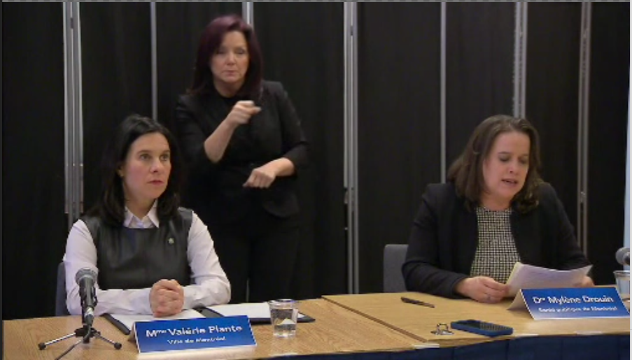 Montreal mayor Valérie Plante along with Montreal Health director Dr. Mylène Drouin during a press conference held on Thursday March 19, 2020.
