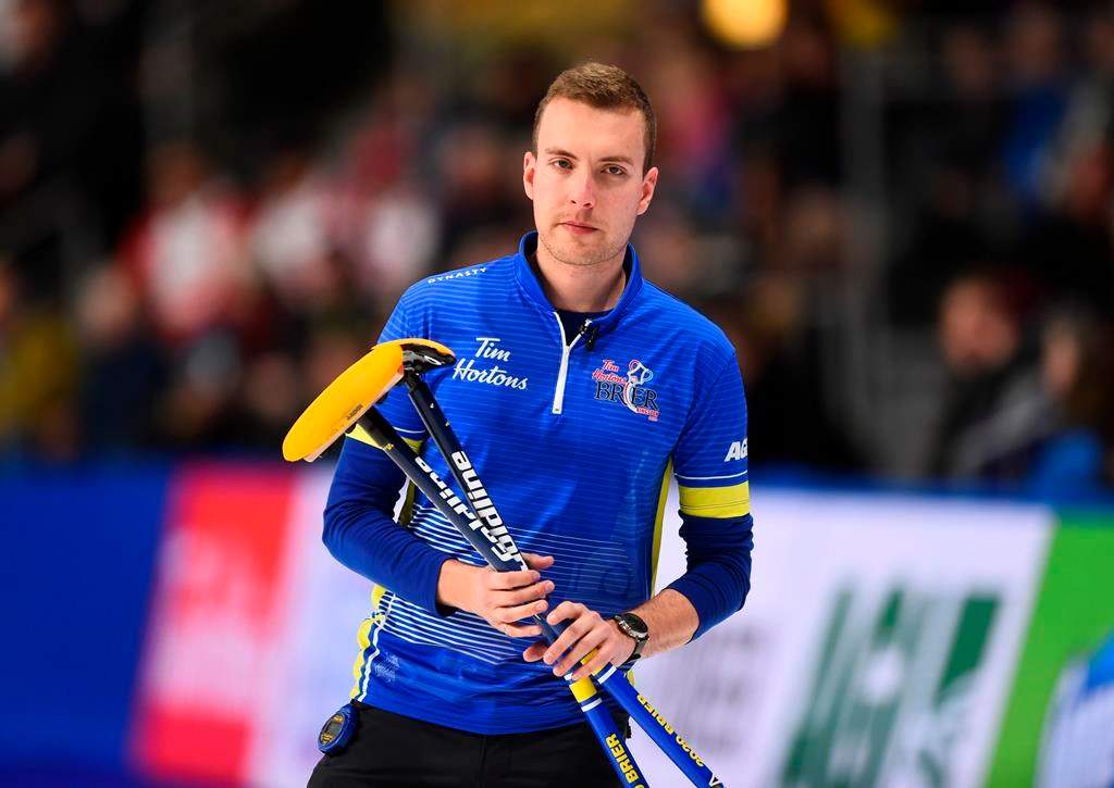 Team Alberta skip Brendan Bottcher makes his way down the ice after defeating Team Ontario during the championship round at the Brier in Kingston, Ont., on Friday, March 6, 2020. THE CANADIAN PRESS/Sean Kilpatrick.