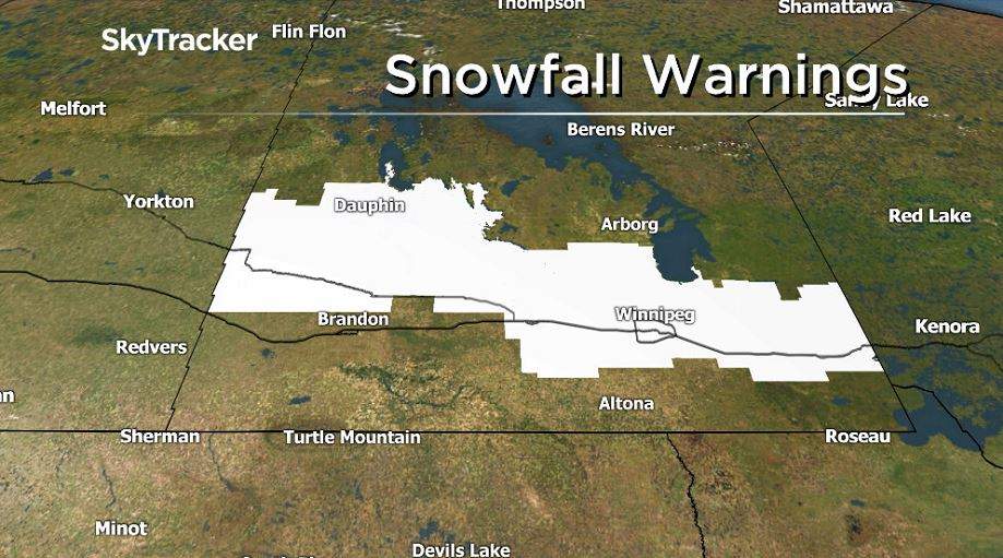 Snowfall warnings for southern Manitoba.