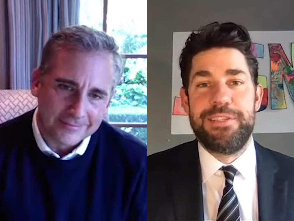 (L-R) Steve Carell and John Krasinski of "The Office" on the debut episode of Krasinski's YouTube series 'Some Good News' on March 29, 2020.