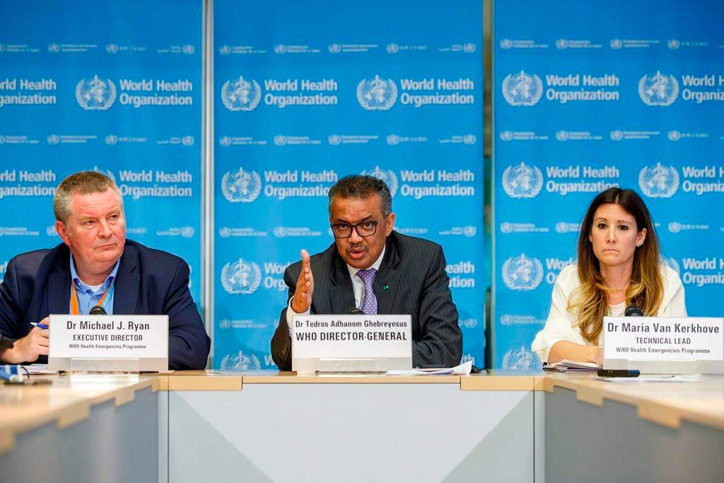 In this Monday, March 9, 2020 photo, Tedros Adhanom Ghebreyesus, director general of the World Health Organization speaks during a news conference on the novel coronavirus COVID-19, at the WHO headquarters in Geneva, Switzerland. Accompanying him are Michael Ryan, left, executive director of WHO’s Health Emergencies program, and Maria van Kerkhove, right, technical lead of WHO’s Health Emergencies program. (Salvatore Di Nolfi/Keystone via AP)