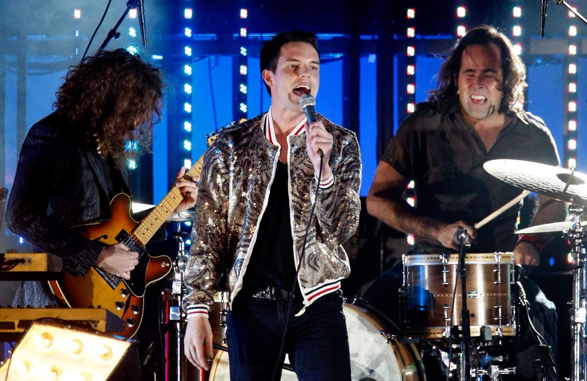 The Killers guitarist Dave Keuning, singer Brandon Flowers and drummer Ronnie Vannucci perform at the 13th annual Andre Agassi Charitable Foundation's Grand Slam for Children benefit concert on October 11, 2008.
