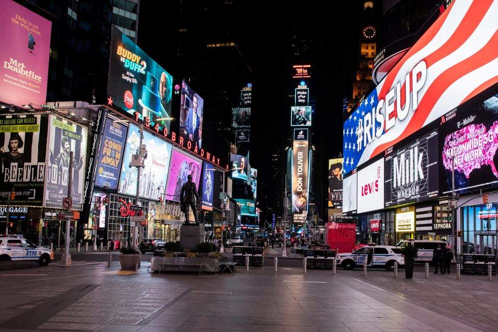 An empty Times Square is seen following the outbreak of the novel coronavirus disease in New York City, N.Y., March 18, 2020.