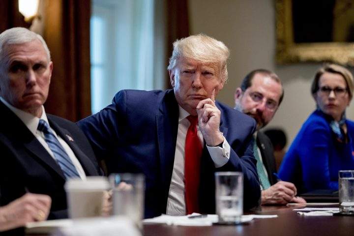 From left, Vice-President Mike Pence, President Donald Trump, Health and Human Services Secretary Alex Azar meet with GlaxoSmithKline CEO Emma Walmsley, right, and other pharmaceutical executives in the Cabinet Room of the White House, Monday, March 2, 2020, in Washington.