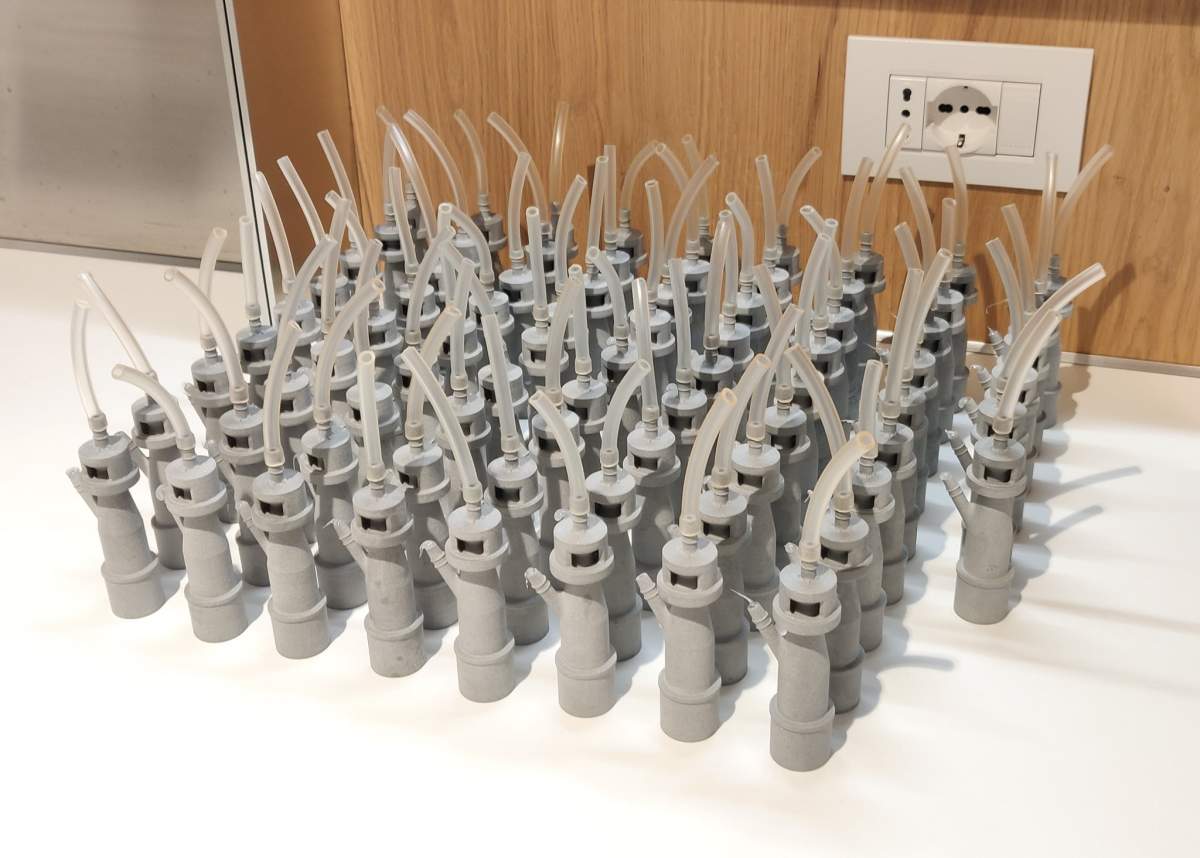 Several 3D-printed valves are shown at Chiari Hospital in Italy.