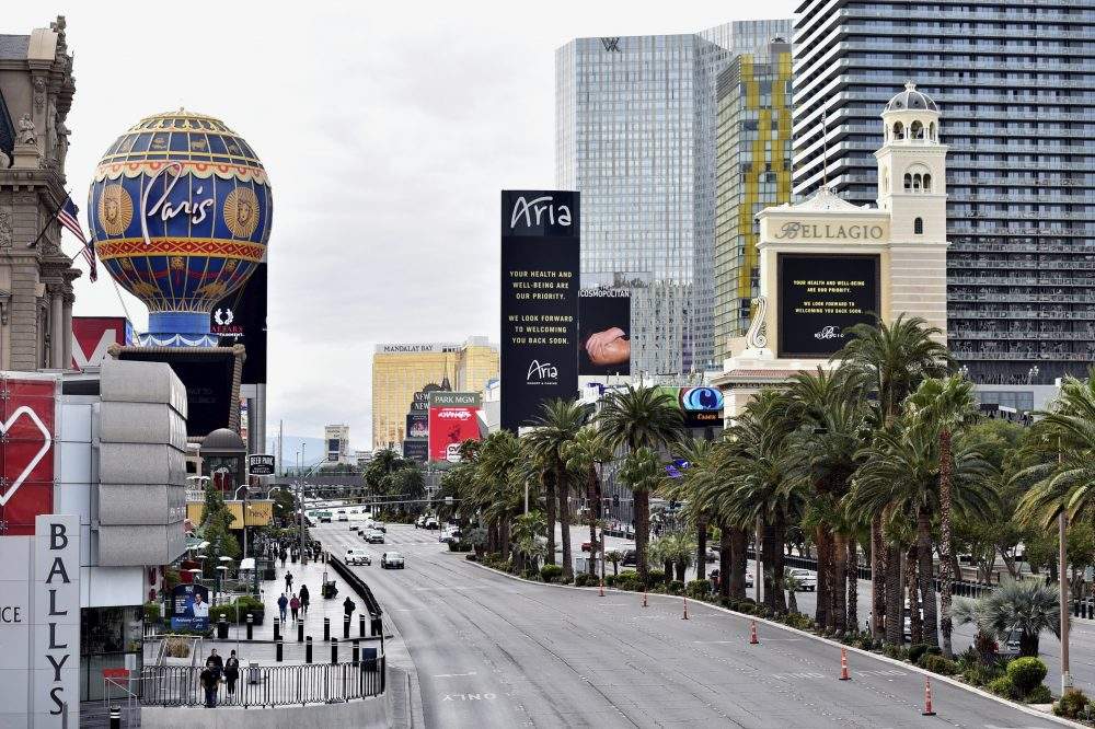 Las Vegas Boulevard is nearly empty after all casinos in the state were ordered to shut down due to the novel coronavirus, Wednesday, March 18, 2020, in Las Vegas.