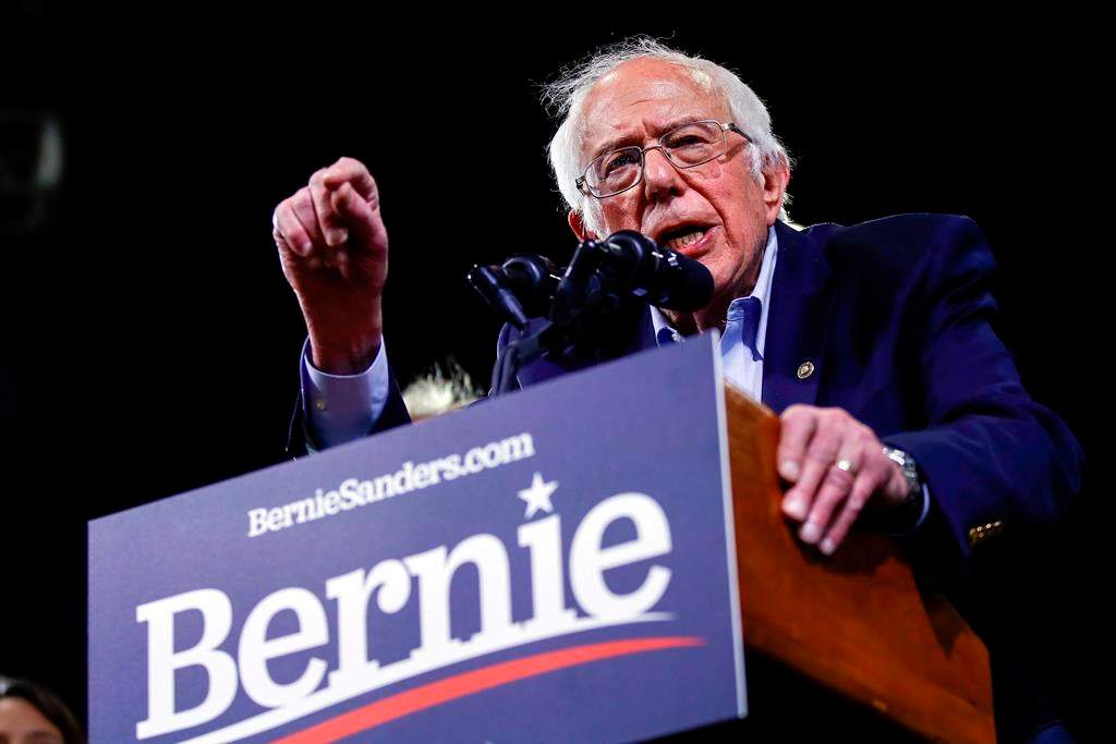 Democratic presidential candidate Sen. Bernie Sanders, I-Vt., speaks during a primary night election rally in Essex Junction, Vt., Tuesday, March 3, 2020. (AP Photo/Matt Rourke)
