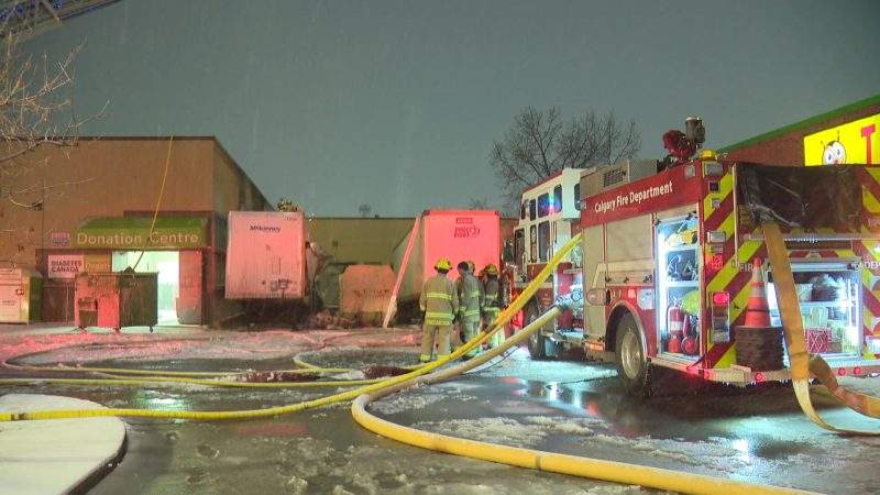 Firefighters respond to a blaze at a northeast Calgary Value Village on Friday, March 13, 2020.