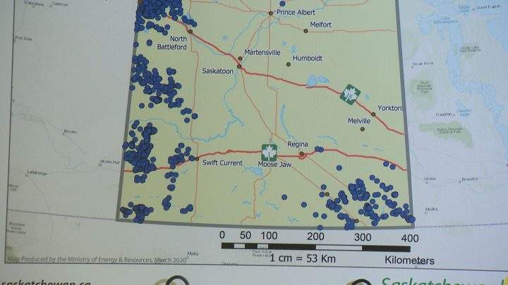 A map of the orphaned oil wells cleaned up in Saskatchewan between April 1, 2019, and Feb 29, 2020.
