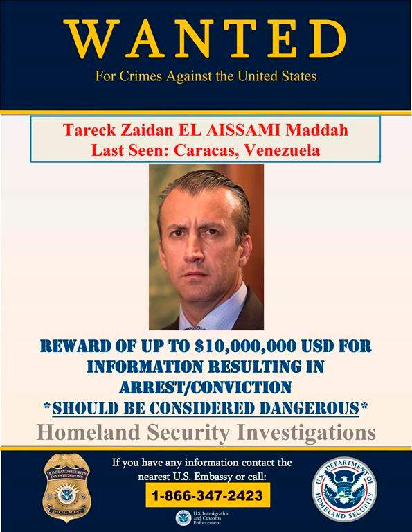 This image provided by the U.S. Department of Justice shows a wanted poster for Tareck Zaidan that was released on Thursday, March 26, 2020. The U.S. Justice Department has indicted Venezuela\’s socialist leader Nicolás Maduro and several key aides on charges of narcoterrorism.