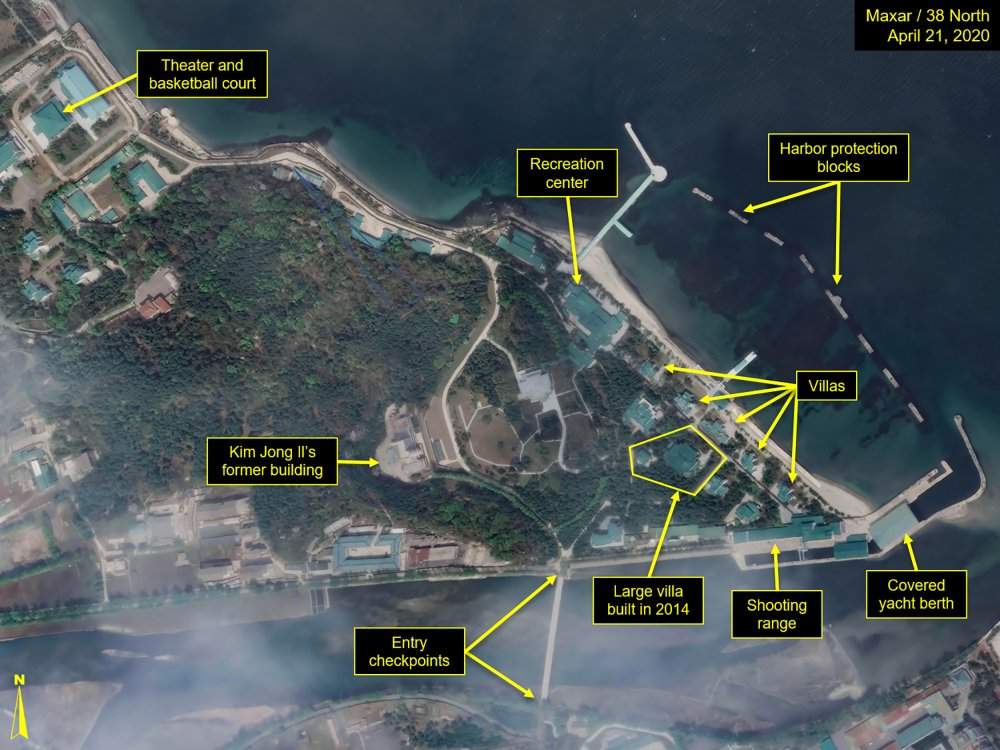This Tuesday, April 21, 2020, satellite image provided by Maxar Technologies and annotated by 38 North, a website specializing in North Korea studies, shows overview of Wonsan complex in Wonsan, North Korea. Recent satellite photos show a train probably belonging to North Korean leader Kim Jong Un has been spotted on the country’s east coast amid mounting speculation about his health.