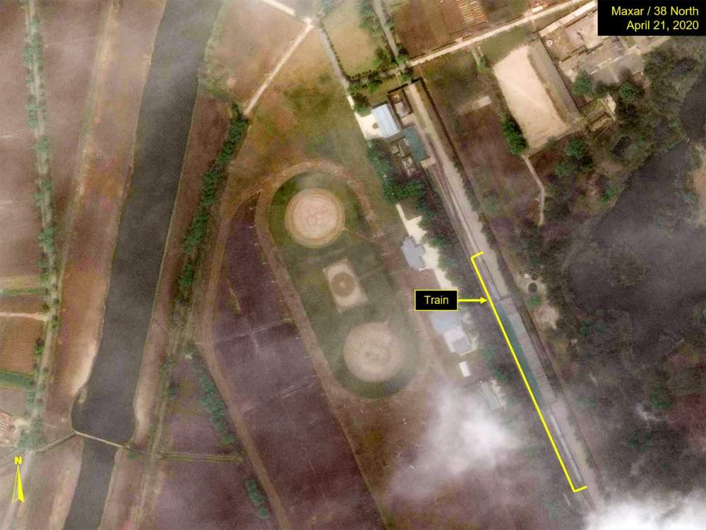 This Tuesday, April 21, 2020, satellite image provided by Maxar Technologies and annotated by 38 North, a website specializing in North Korea studies, shows the Leadership Railway Station in Wonsan, North Korea. North Korean leader Kim Jong Un’s train has been parked at the Leadership Railway Station servicing his Wonsan compound since at least April 21, the website 38 North said Saturday, April 25, citing an analysis of recent satellite photos of the area. The website said that the approximately 250-meter (820-foot) -long train wasn’t present on April 15 but was present on both April 21 and 23.