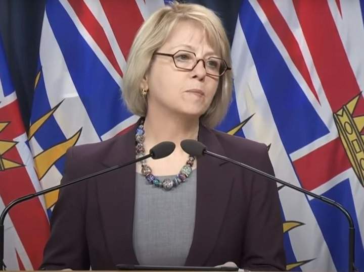 Dr. Bonnie Henry looks on during a daily press conference announcing COVID-19 statistics in British Columbia on Friday.