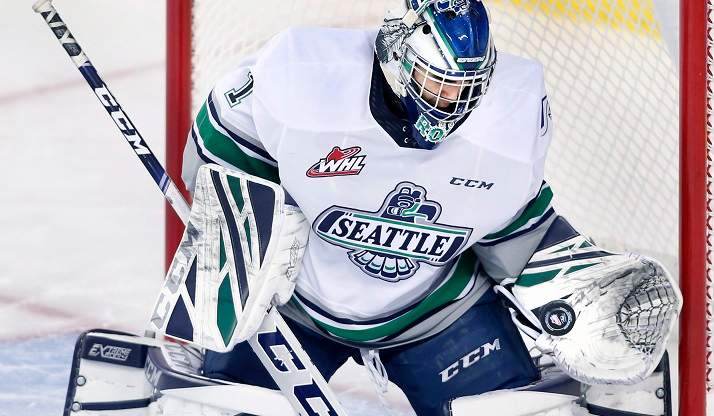 WHL profile photo on former Seattle Thunderbirds goalie Roddy Ross during a game against the Calgary Hitmen in Calgary, Atla. on Oct. 28, 2019 .