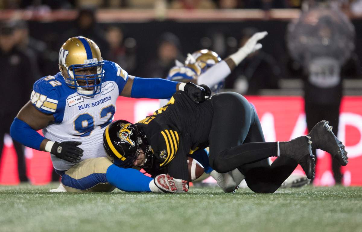 Winnipeg Blue Bombers' Drake Nevis sacks Hamilton Tiger-Cats quarterback Dane Evans during the first half of the 107th Grey Cup in Calgary, Alta., Sunday, November 24, 2019.