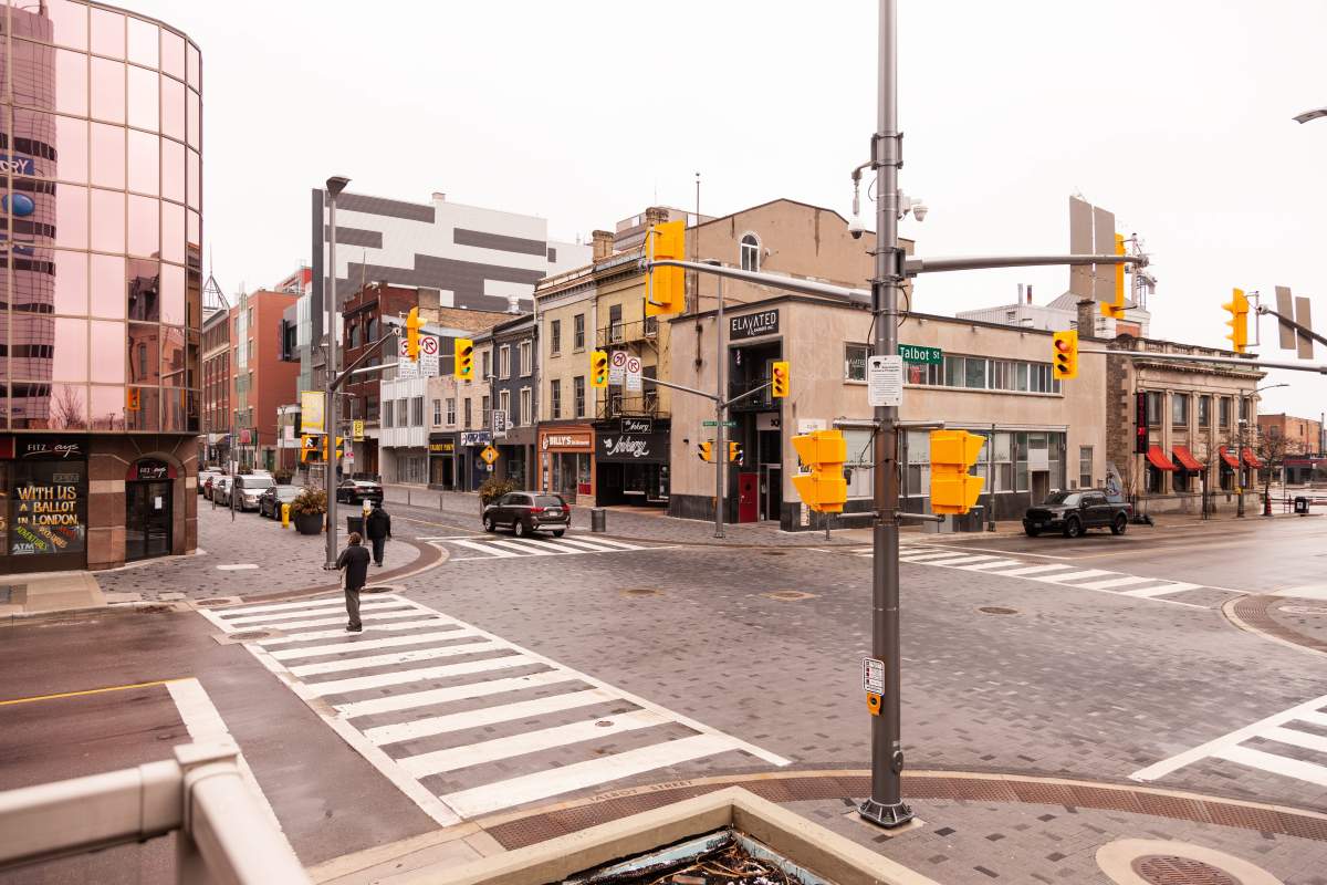A crosswalk at a normally busy intersection in the centre of London, Ont., on March 23, 2020.