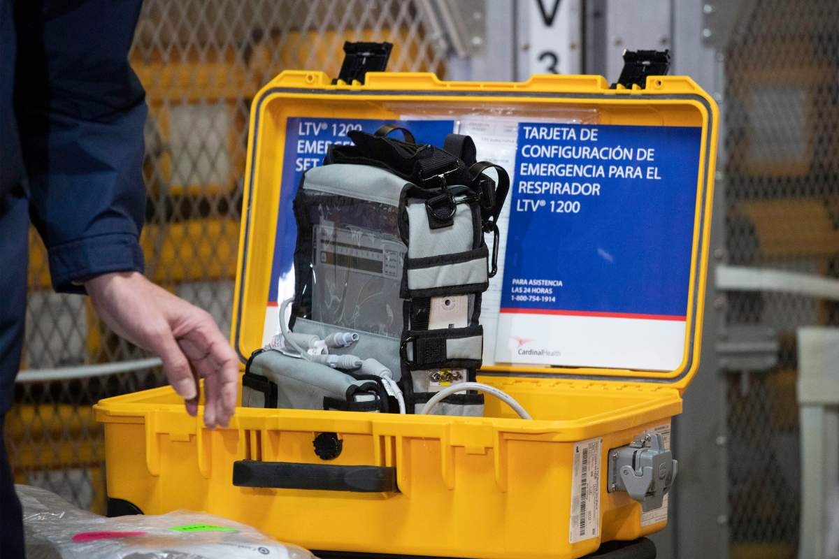 FILE - In this March 24, 2020, file photo a ventilator is displayed during a news conference at the New York City Emergency Management Warehouse, where 400 ventilators have arrived and will be distributed. 