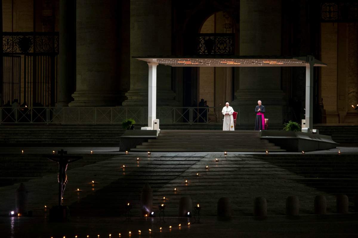 Pope Francis presides the Via Crucis (Way of the Cross) in the empty square outside the Saint Peter’s Basilica, due the lockdown to stem the spread of the COVID-19 infection caused by the novel Coronavirus, at the Vatican City, 10 April 2020.
