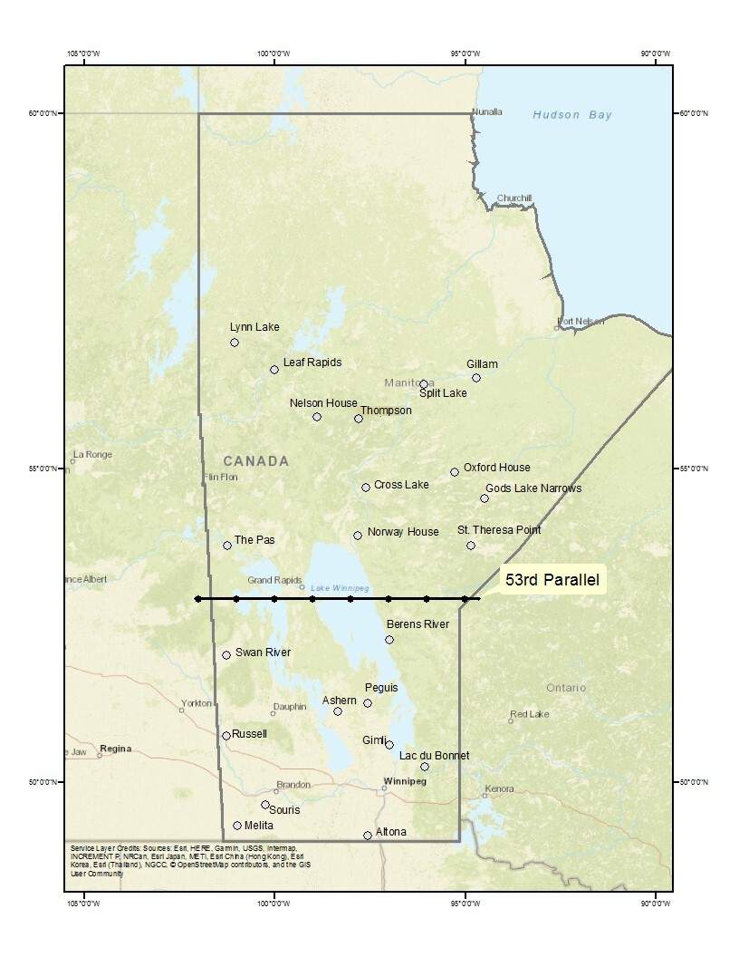 A map of the 53rd parallel in Manitoba.