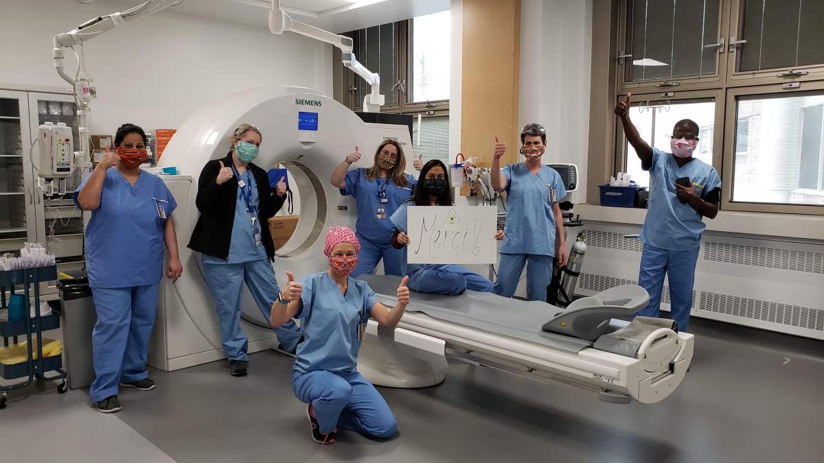 Staff at the Lakeshore General Hospital's radiology department sporting fabric face masks hand-made by Sophia Johnson. Thursday April 2, 2020.