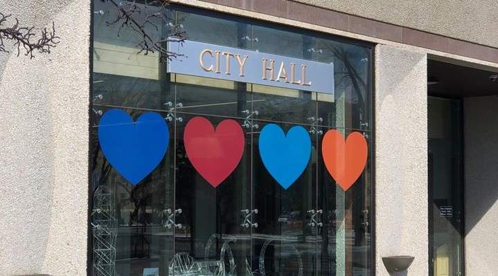 The City of Regina is joining the #heartsofYQR movement by putting hearts in the main-level windows of city hall in support of front-line health-care workers during the COVID-19 pandemic. 