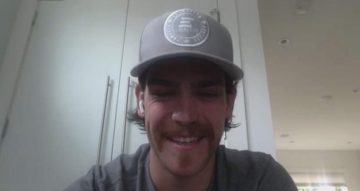 Winnipeg Jets forward Adam Lowry answers question via webcam.