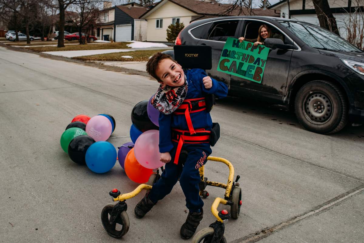 Caleb McKague seeing his friends and family on his ninth birthday.