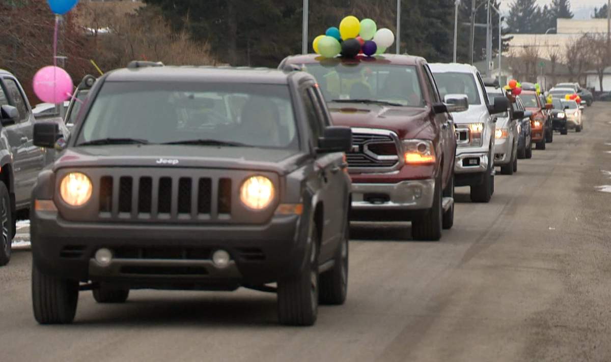 Calgarians in vehicles wished kids happy birthdays as they paraded through their neighbourhoods on Sunday, April 5, 2020.