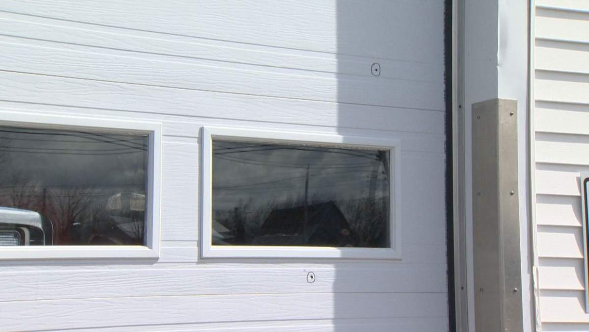 Bullet holes are seen at the Onslow Belmont Fire Hall on Wednesday, April 22, 2020.