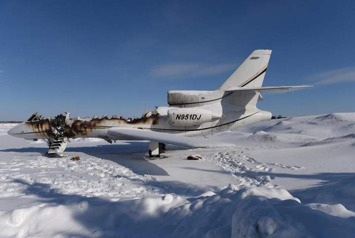 A photo of the charred jet plane at Buttonville Airport in Markham, Ont.