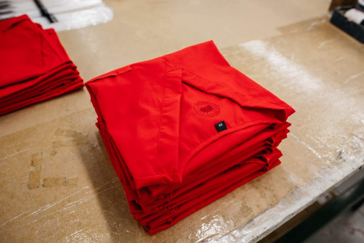 Photo of hospital gowns produced by Canada Goose workers at one of its manufacturing facilities amid COVID-19 pandemic.