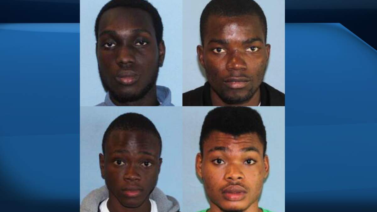 A Canada-wide warrant has been issued for Joshua Ometie (top left), Clinton Newton (top right), Jonah Eigbuluese (bottom left) and Kelvin Awani.