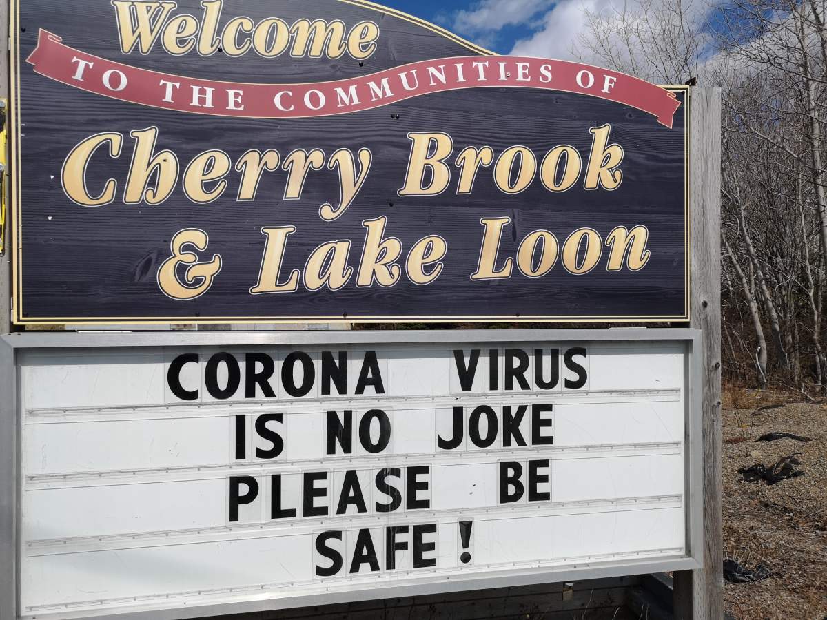 This sign urging residents to take COVID-19 seriously has been posted in Cherry Brook and Lake Loon since early March, according to resident and advocate Brenton Sparks. Courtesy: Brenton Sparks