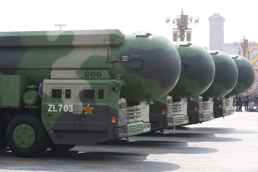 Military vehicles carrying the DF-41 intercontinental nuclear missile roll past Tiananmen Square during a military parade marking the 70th anniversary of the founding of the People's Republic of China, in Beijing, China, on Oct. 1, 2019.
