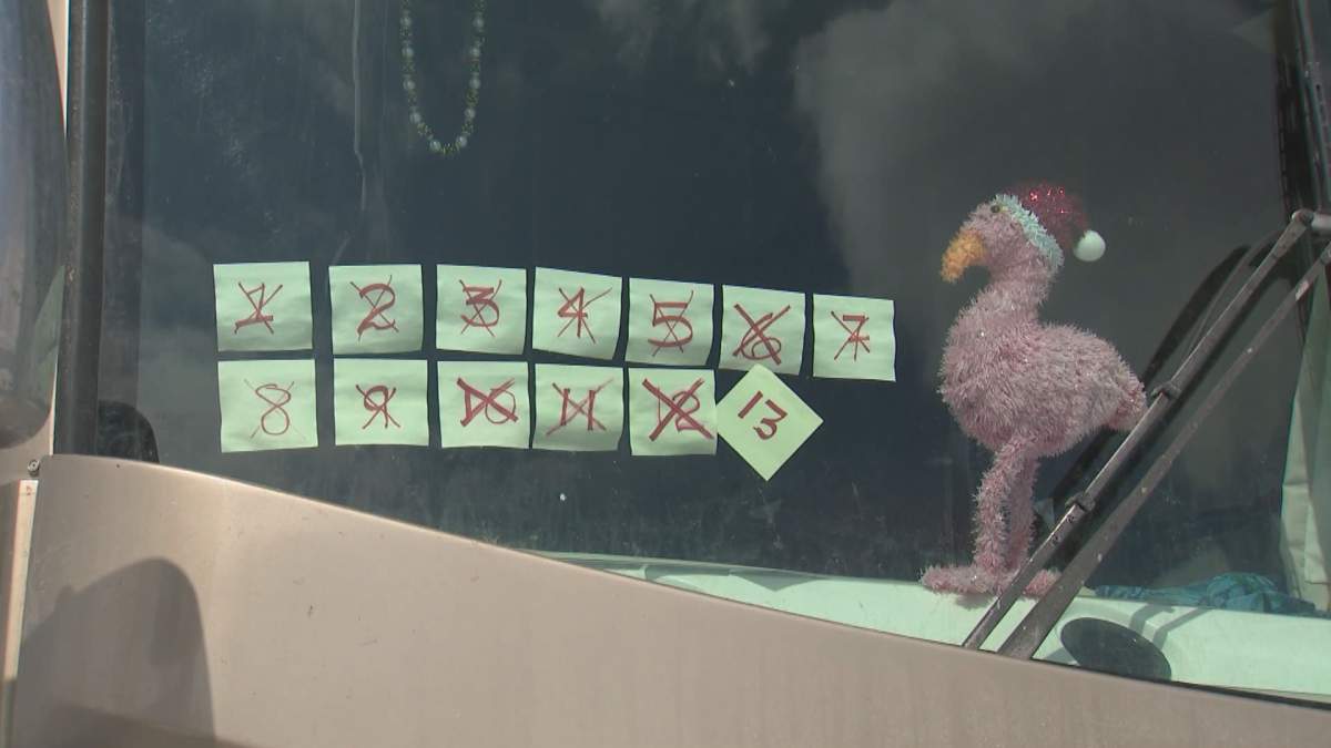 One quarantining snowbird’s countdown on the windshield of their RV at the Bow Rivers Edge Campground.