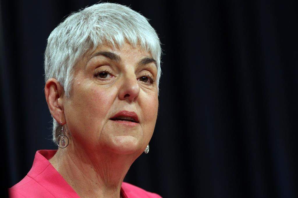 Finance Minister Carole James speaks at a press conference at the B.C. Legislature in Victoria on July 18, 2019. THE CANADIAN PRESS/Chad Hipolito.