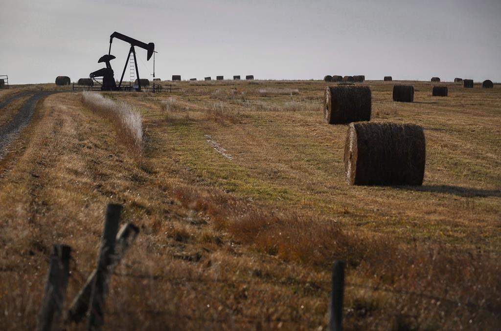 A pumpjack works at a well head on an oil and gas installation near Cremona, Alta., Saturday, Oct. 29, 2016. 