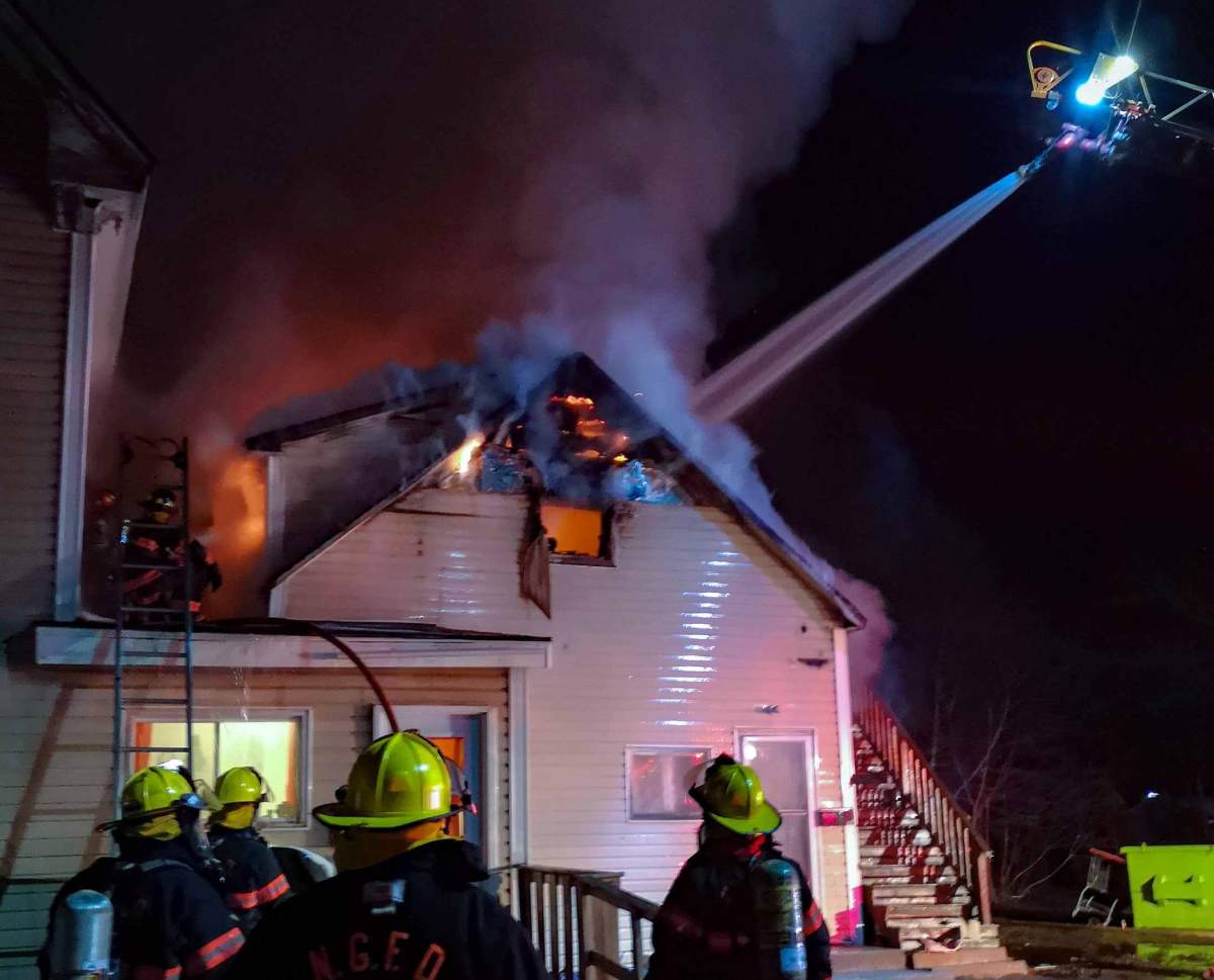 First responders at the scene of a fire in New Glasgow, N.S., on April 30, 2020. 