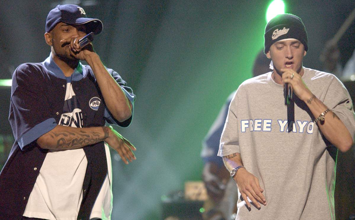 Eminem (R) and DeShaun Holton AKA “Proof” of D12 during The 45th Annual Grammy Awards Show at Madison Square Garden in New York City.
