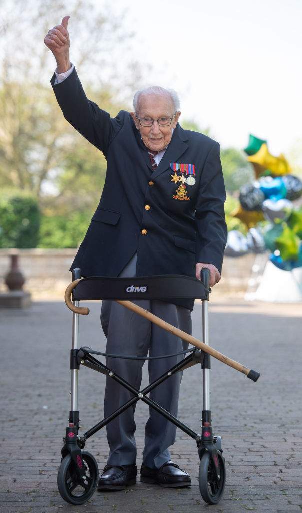 99-year-old war veteran Captain Tom Moore at his home in Marston Moretaine, Bedfordshire, after he achieved his goal of 100 laps of his garden, raising more than 19 million pounds for the NHS.
