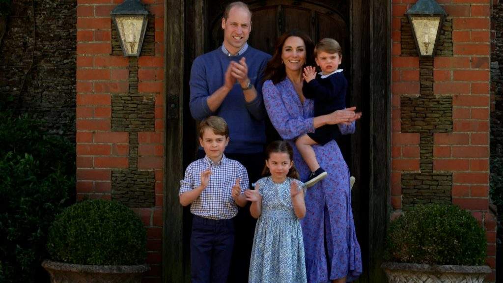Prince William, Kate Middleton and their children, Prince George, Princess Charlotte and Prince Louis of Cambridge, clap for NHS carers outside of their home.
