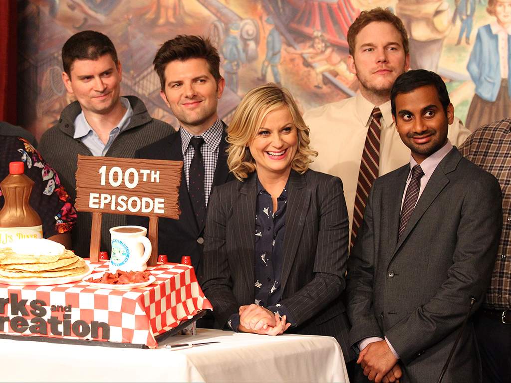 (L-R) Michael Schur, Amy Poehler, Chris Pratt and Aziz Ansari attend the NBC ‘Parks And Recreation’ 100th episode celebration held at CBS Studios, Radford on Oct. 16, 2013 in Studio City, Calif.