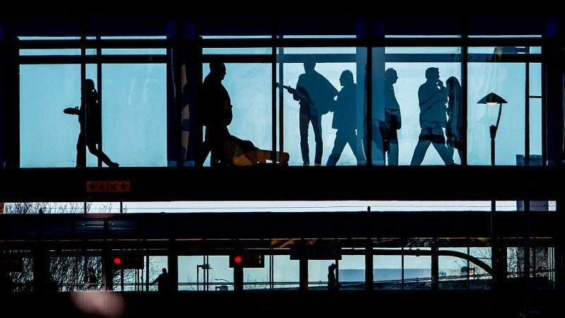 People walking in the Plus 15 pedestrian system in downtown Calgary. 